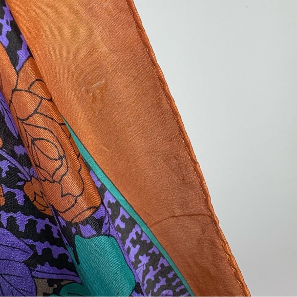 Vintage 80s 90s Square Silk Scarf Houndstooth Autumn Fall Leaves Rose Floral - Picture 11 of 14